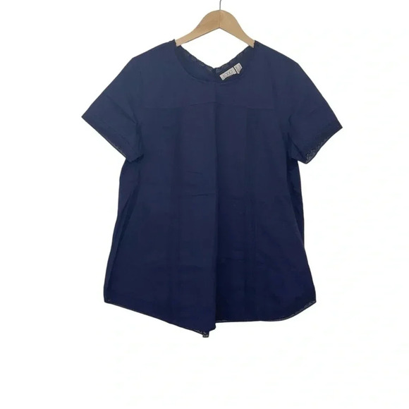 Logo Blue Lori Goldstein Woven Pleated Yoke Lace Trim  Top Small - Picture 1 of 5